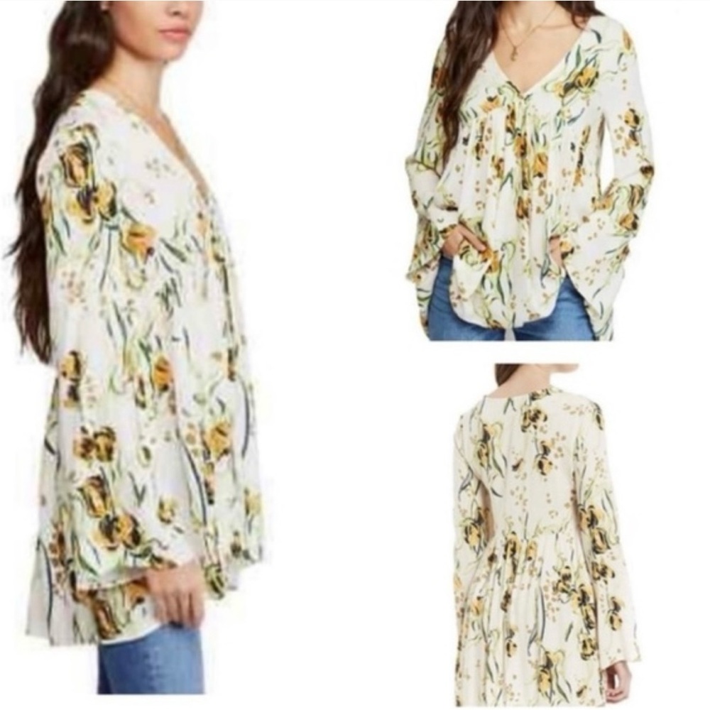 Free People Bella Ivory Floral Print Bell Sleeve Tunic Top Sz XS Boho Peasant - Picture 2 of 5